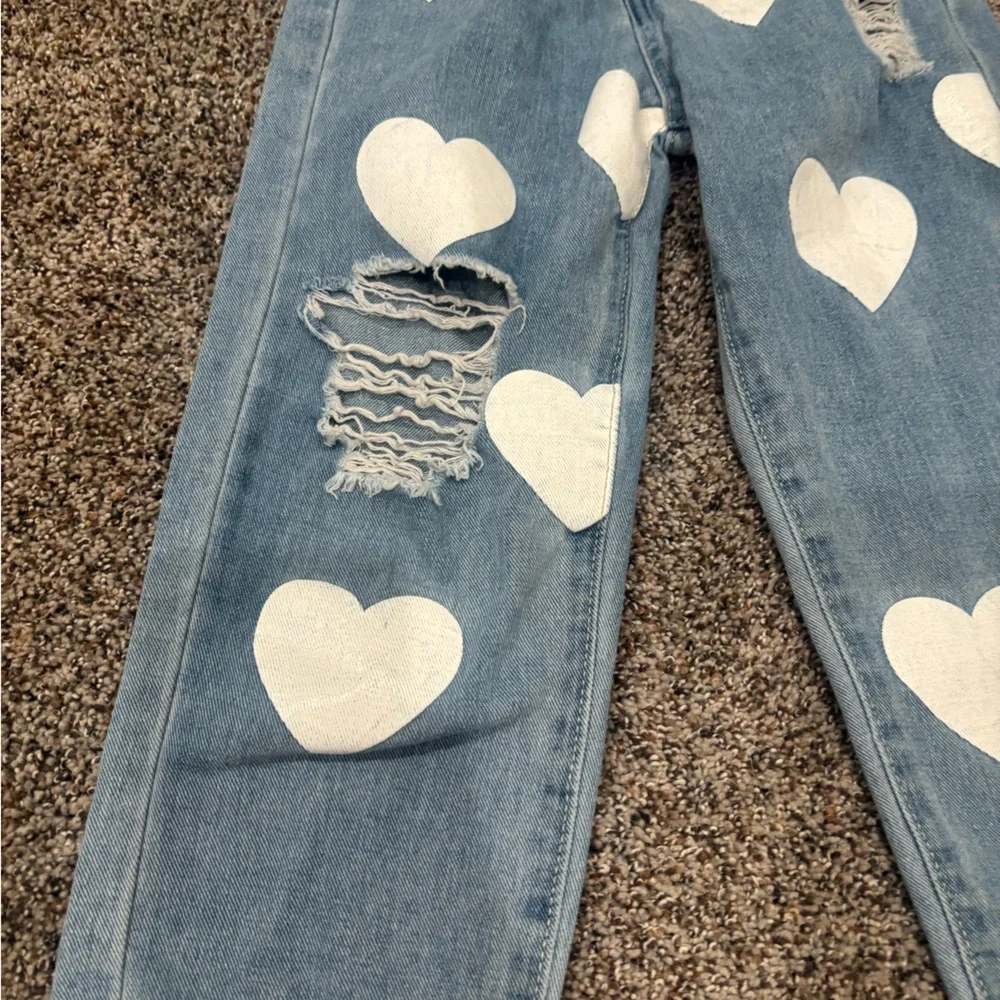 Kids girls youth Denim Heart Print Distressed Jeans - White Hearts size 7Y - Picture 2 of 5